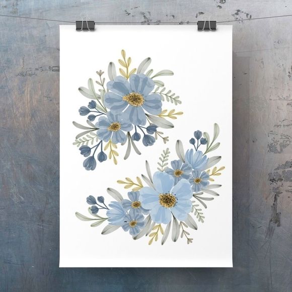 Modern minimalist boho watercolor blue floral wall art print for home decor - Picture 2 of 4